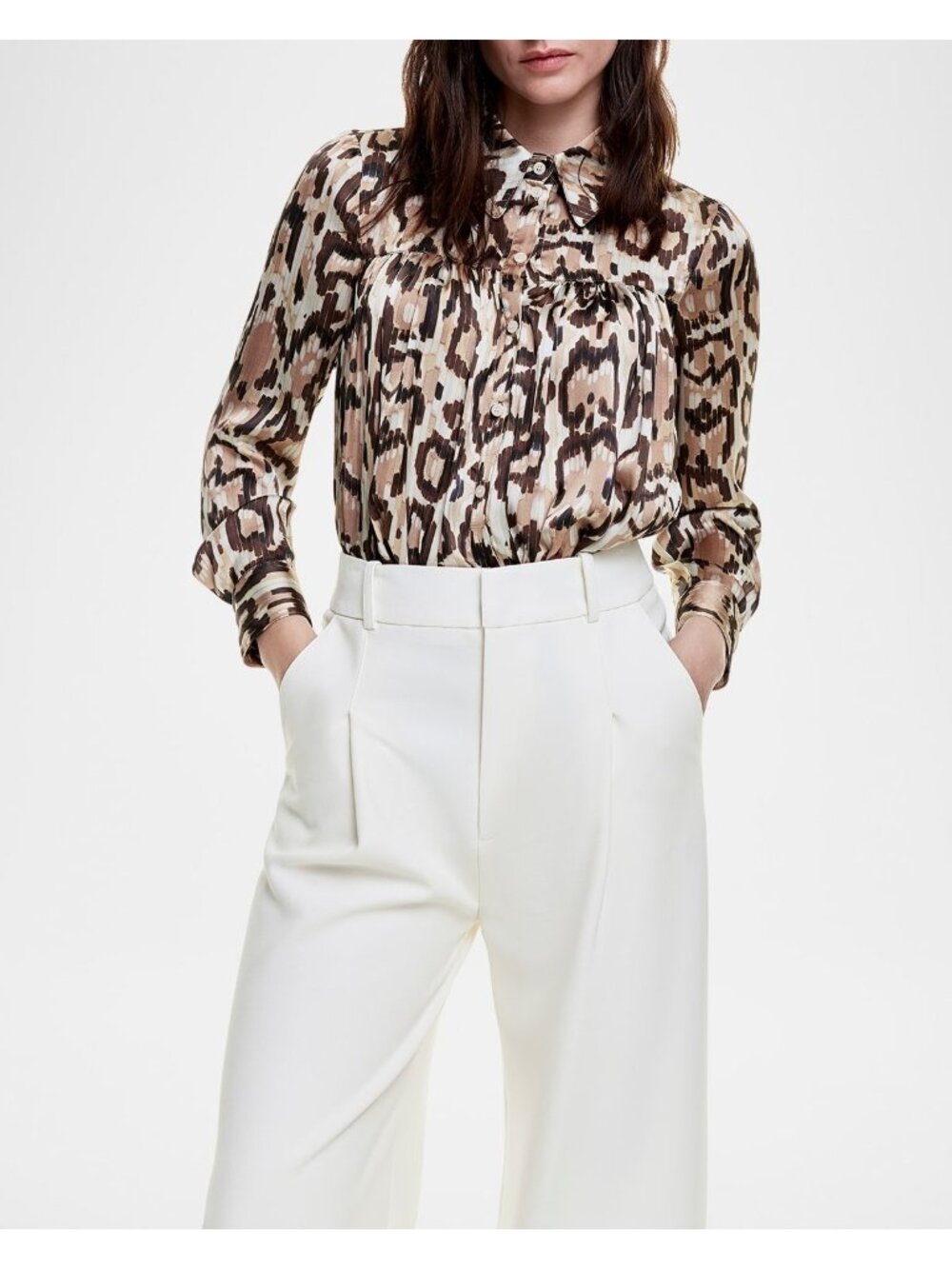 Smythe Brown Abstract Leopard Classic Shirred Blouse, Size M